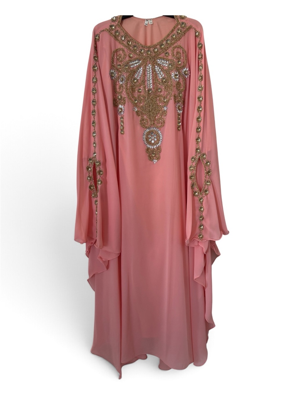 Embellished Coral Kaftan Dress with Gold Beading